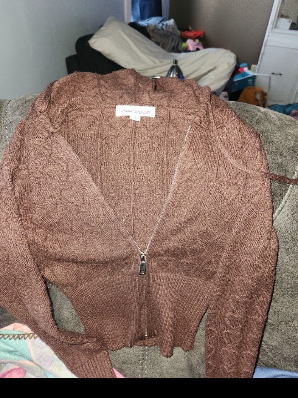 Brown Zip-Front Cable Knit Women’s Sweater Hoodie